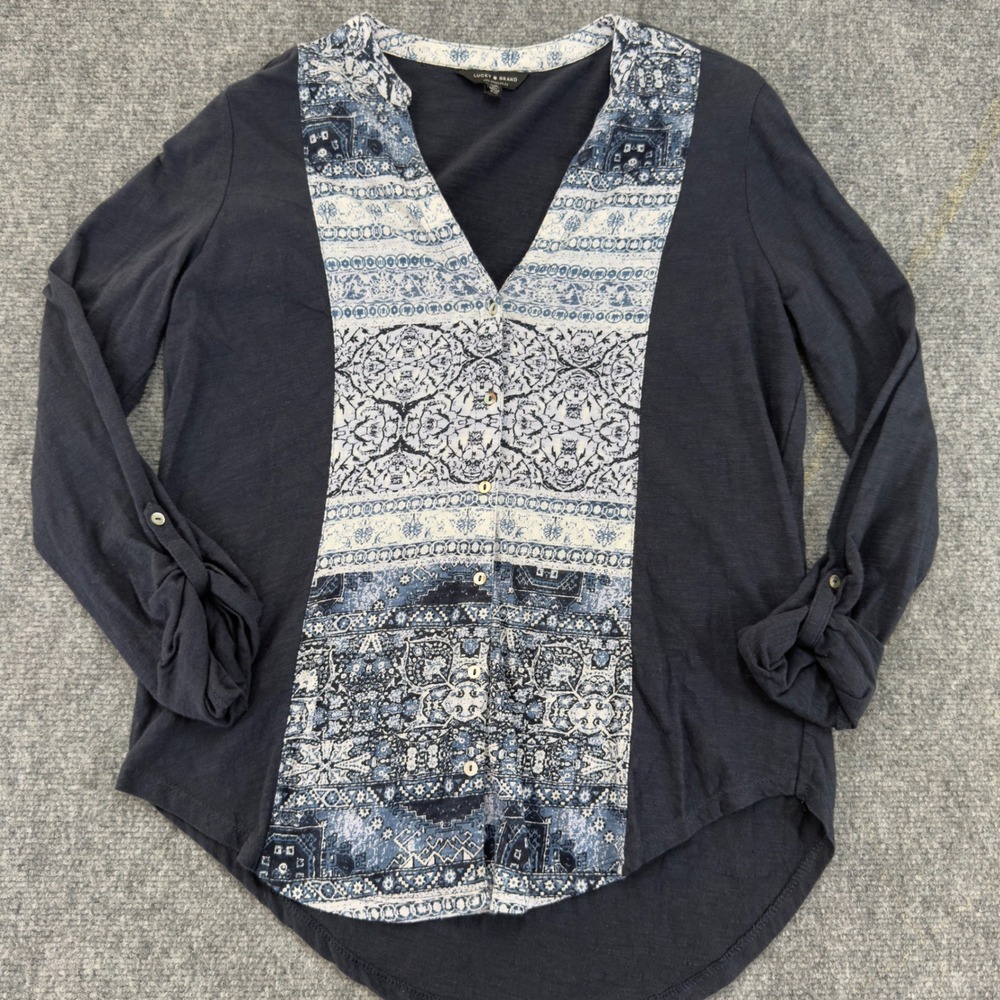 Lucky Brand Mixed Print Roll Tab Sleeve Top Navy Blue Size Small